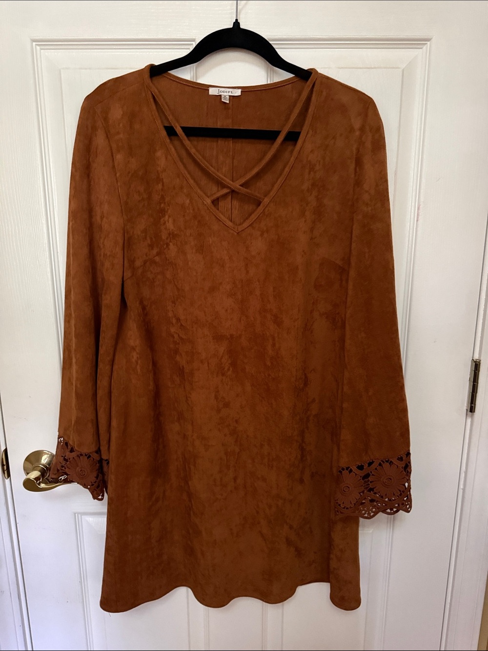 JODIFL Rust Brown Long Sleeve Suede-Look Dress with Lace Cuffs